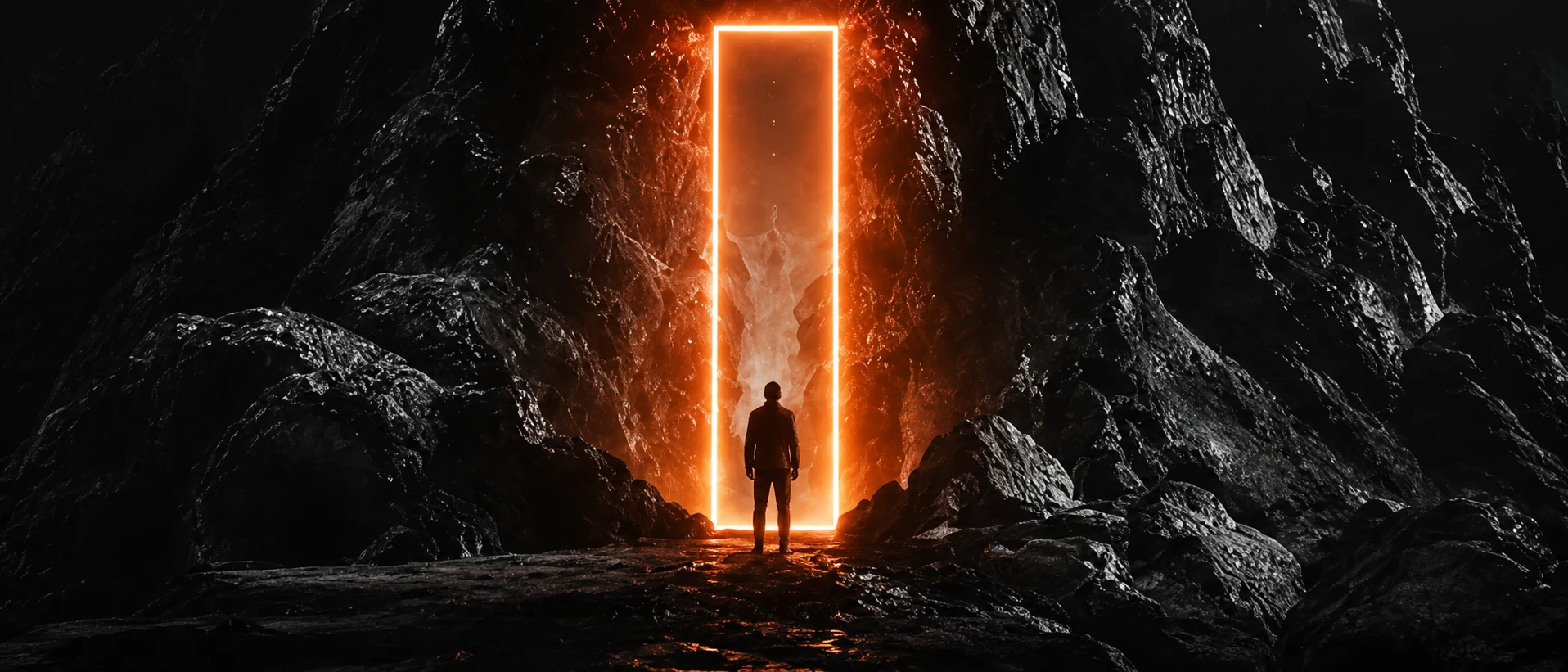 Glowing doorway in a mountain landscape
